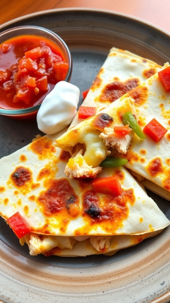 Golden-brown chicken quesadilla cut into wedges, served with salsa and sour cream.